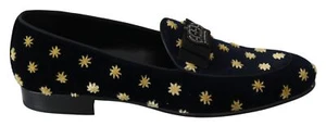 Dolce&Gabbana Men Dark Blue Loafers 100% Cotton Velvet Crown Print Slipper Shoes - Picture 1 of 7