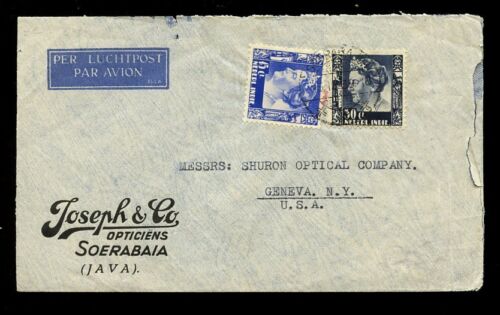 DUTCH EAST INDIES 1940 AIRMAIL ADVERTISING OPTICIANS JOSEPH + CO to GENEVA USA