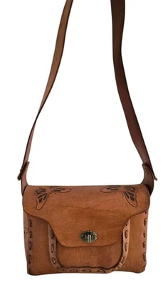 Vintage Tooled Leather Shoulder Bag Butterfly Design Boho Crossbody Purse - Image 1 of 4