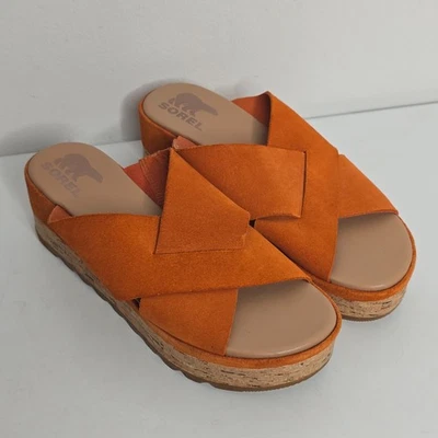 Sandalias de plataforma Sorel para mujer 8 Desert Sun naranja gamuza cuero cuña mula NUEVAS Foto 1 de 4