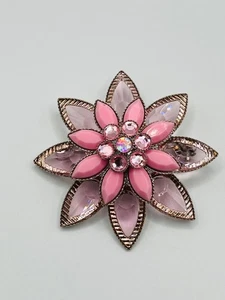 Silver Tone Pink Flower Rhinestone Brooch Pin - Picture 1 of 5