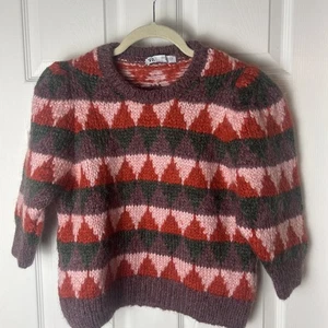 ZARA Sweater Women S Diamond Knit  Puff Sleeve Half Sleeve Alpaca Mohair Crop - Picture 1 of 6