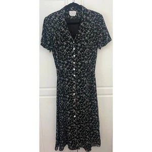 Vintage David Warren schwarz Blumen Maxikleid Knopfleiste Kurzarm Gr. 16 - Bild 1 von 10