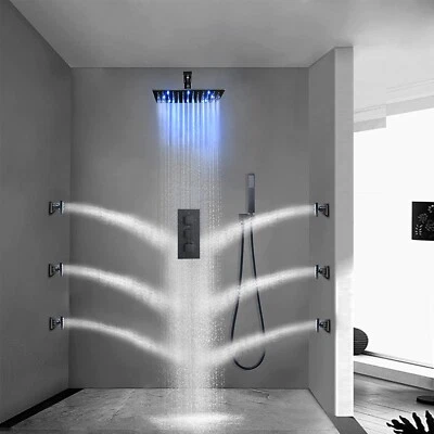 Black 16" LED Rain Shower Faucet Set Thermostatic Valve Massage System Combo Kit - Image 1 of 4