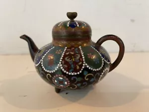 Antique Likely Japanese Cloisonné Miniature Teapot with Floral Decorations - Picture 1 of 9