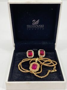 Swarovski Gold Tone Rope Chain Red Emerald Cut Crystal Necklace Earrings Set