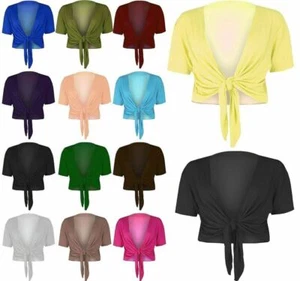 Ladies Plain Tie Up Front Bolero Shrug Womens Short Sleeve Casual Crop Cardigan - Picture 1 of 21