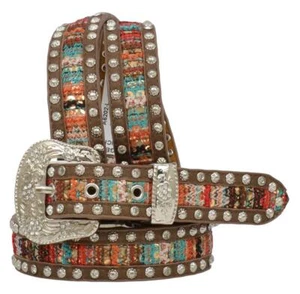 Angel Ranch Western Girls Belt Leather Fabric Inlay Studded Multi-Color DA6202 - Picture 1 of 2