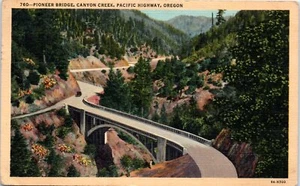 1940er Oregon Postkarte Pioneer Bridge Canyon Creek Pacific Highway PM Woodburn OR - Bild 1 von 2