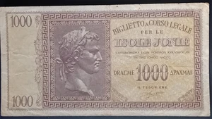 GREECE. 1000 DRACHMA 1942, IONIAN ISLANDS, ISOLE JONIE PM17 F-VF, No : 763047 - Picture 1 of 7