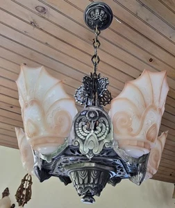 Antique Vintage Chandelier Slip Shade Halcolite 1932 Light Fixture - Picture 1 of 17