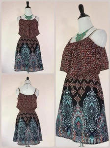 Boho Sun Dress Junior Women XS Xhilaration Flounce Tiered Tribal Medallion Print - Picture 1 of 4