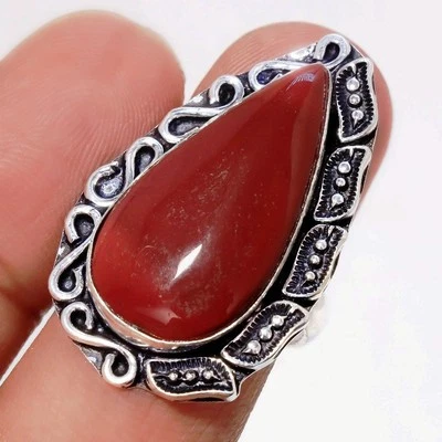 Anillo de piedras preciosas de jaspe rojo hecho a mano diseño antiguo moda regalo joyería 8" FR 93 Foto 1 de 4