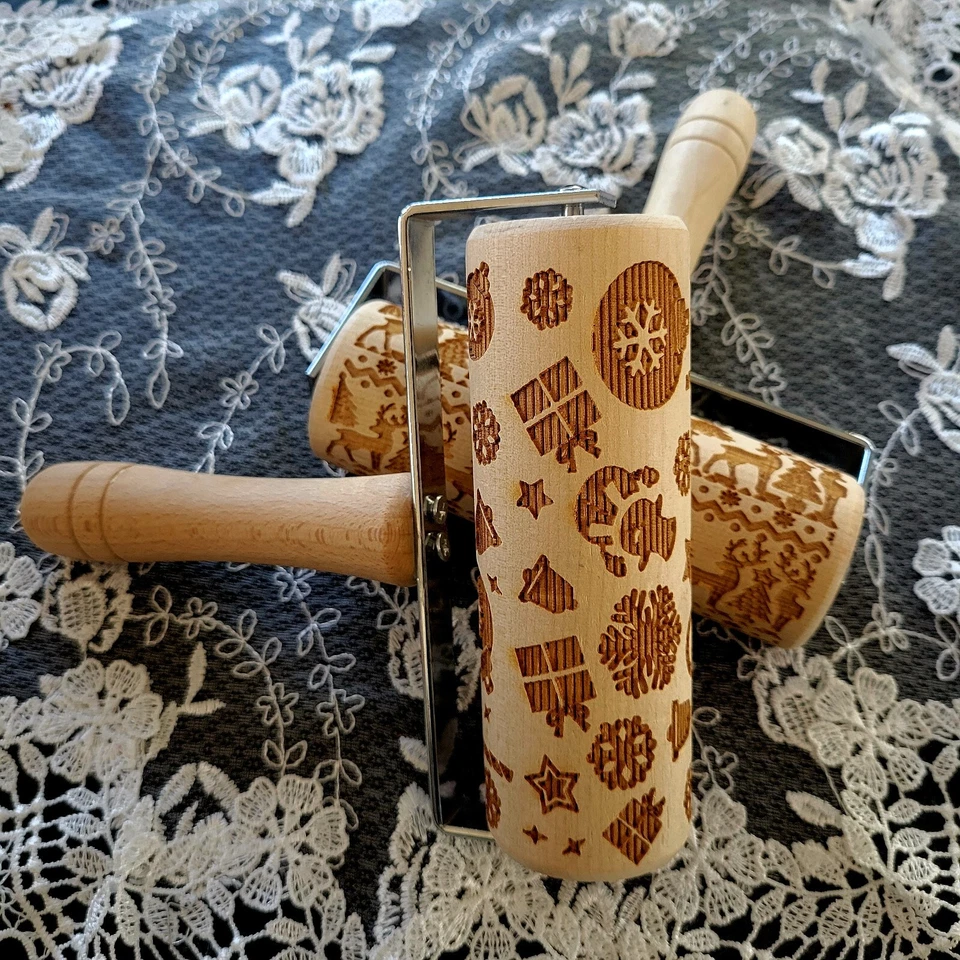 Christmas Embossing Rolling Pin Engraved Wooden Dough Roller Cookies Set Of 2 - Image 1 of 4