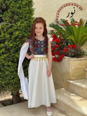 Embroidered Girl Dress 8-14 Years Mix Color Tatreez Embroidery Satin Weddings - Image 1 of 4