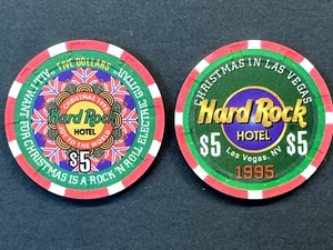 Pair of - Hard Rock Hotel/Casino Las Vegas - $5 Chips - Christmas 1995 1st year - Picture 1 of 1