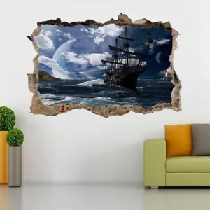 Pirates Ship Ocean 3D Smashed Wall Sticker Decal Home Decor Art Mural J1165 - Picture 1 of 1