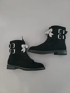 Kurt Geiger Sutton Bow Rhinestone Embellished Suede Combat Boot Black 36.5 - Picture 1 of 14