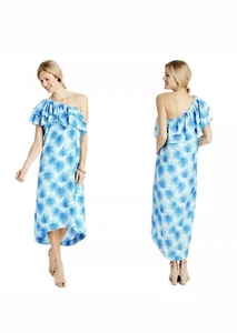 VINEYARD VINES Electric Palms blau Schulterfrei Rüschen High Low Kleid Größe 2 - Bild 1 von 8