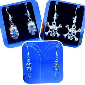 Super Cool Silver Skull Crossbones & Skeleton Earrings Spooky Halloween - Picture 1 of 4