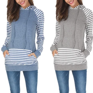 Women Hoodies Long Sleeve Sweatshirt Casual Drawstring Tops Striped Tunic Shirts - Picture 1 of 28
