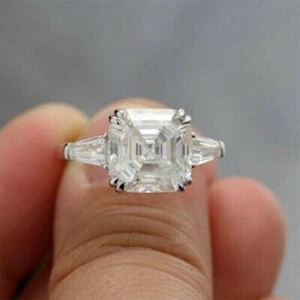 3.30 CT Asscher Cut Moissanite three stone Engagement Ring 14K White Gold Plated - Picture 1 of 9