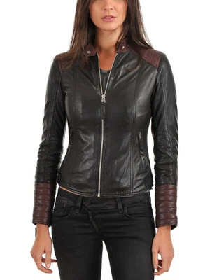 Chaqueta de Motocicleta Mujer Hecha a Mano Causal Calce Ajustado Chaqueta Piel de Cordero Cuero Negro Foto 1 de 4