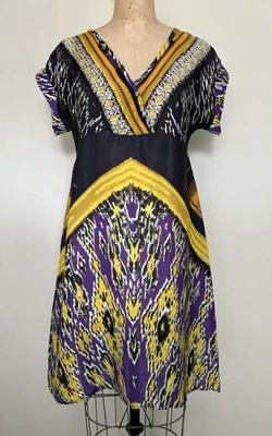 Vestido Kenar Para Mujer XL Púrpura Amarillo Estampado Tribal Cuello en V Seda Manga Gorra Midi Foto 1 de 4