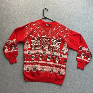 Red Sweatshirt With Gingerbread Houses & Snowmen - Ugly Christmas Sweater - Med - Picture 1 of 13