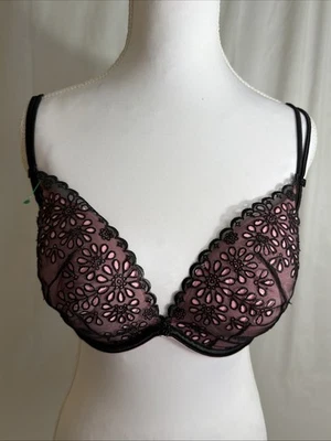 Бюстгальтер пуш-ап Victorias Secret 34DD черный розовый цветочный кружевной сексуальный маленькие вещи - Изображение 1 из 4