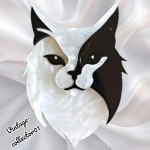 Modern Arcrylic Handmade BROOCH 3D Black & White Long Haired Cat Face Boxed BN  - Picture 1 of 4