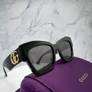 New GUCCI Sunglasses Black Acetate Cat Eye Gold Interlocking Metal GG Logo - Picture 1 of 18
