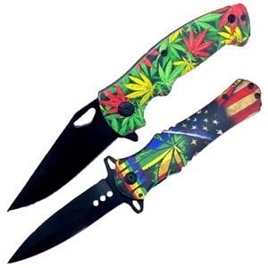 2 Cannabis Leaves 7.75 inches Pocket Folding Knifes, Camping Fishing Hiking - Picture 1 of 7