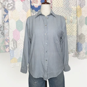 Vintage 90s Kathie Lee Silk Chambray Blue Hickory Stripe Button Up Blouse Size M - Picture 1 of 9