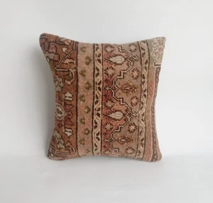 Authentic Handknotted Carpet Pillow Cover , 16x16 in , Turkish Rug Pillow - Picture 1 of 9