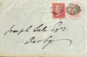 GB QV 1858 POSTAL STATIONARY 1d & PENNY RED STAR ‘KE’ LONDON TO DERBY 30TH APR! - Picture 1 of 2