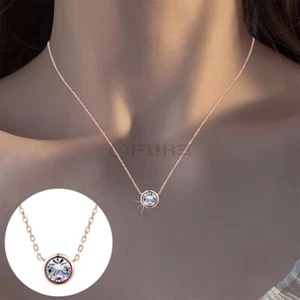 Women Rose Gold Diamond CZ Round Pendant 18ct Gold Plated Solitaire Necklace UK - Picture 1 of 12