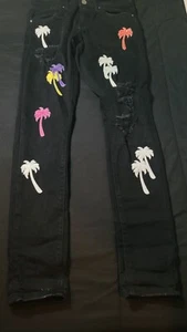 Decibel Denim Jeans Palm Tree patches Size 28 Waist Black Preowned - Picture 1 of 5