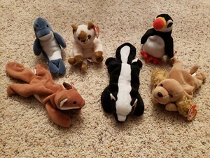 VINTAGE 1995-97 TY BEANIE BABYS 6 STÜCK KATZE HUND VOGEL FUCHS STINKTIER SCHWEINSWAL - Bild 1 von 20