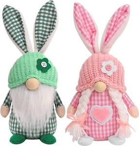 Easter Gnomes Decorations 2 Pcs Plush Bunny Handmade Swedish Tomte Elf Ornaments - Picture 1 of 7
