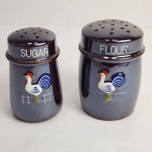 Rooster Shakers Sugar Flour Ceramic Vintage Brownware Chicken Farm Kitchen - Picture 1 of 9