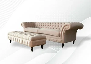 Chesterfield 4 Sitzer Hocker Pink Textil Wohnzimmerset Sofa Luxus Modern 2tlg. - Bild 1 von 12