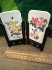 Vintage Small Chinese 2 Two Wood Panel Hand Painted Marble Stone Table Screen