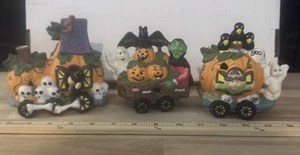 Vintage SPOOKY HOLLOW Porcelain Lighted 3 Piece Halloween Train Set Working 1996 - Picture 1 of 5