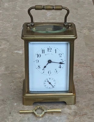 Antiguo Reloj Despertador Ryrie Bros. Francés Latón Vidrio 8 Días Pequeño Carruaje Campana, EX Foto 1 de 4