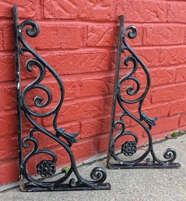 Pair 19"x10 Antique Vintage Old Cast Iron Steel Shelf Bracket Support Corbel End - Image 1 of 4