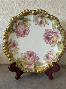 Antique Limoges Hand Painted Pink Yellow Roses Floral Art Porcelain Plate 8.5" - Picture 1 of 10