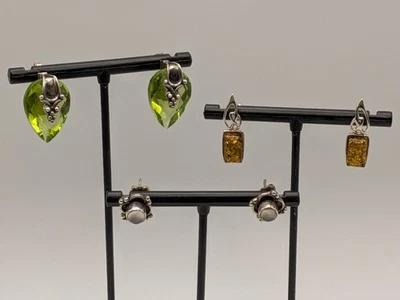 3 pares de pendientes de plata de ley peridoto, ámbar, piedra lunar Foto 1 de 4