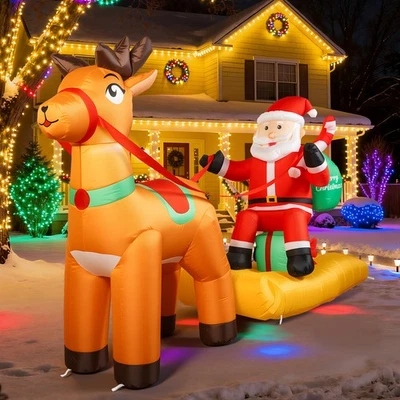 7FT Christmas Inflatable Santa Claus On Sleigh W/ Reindeer LED for Outdoor Decor - Image 1 of 4