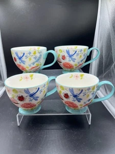 Neu 4Potter's Studio Becher Tasse mit Fuß 12 Unzen Grüner Griff, florale Keramik - Bild 1 von 16